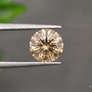 Op de afbeelding: Een ronde, champagnekleurige edelsteen met een briljant geslepen gefacetteerd oppervlak, vastgehouden tussen de punten van een zilverkleurige metalen pincet. De steen vertoont een warme, lichtbruine tint met symmetrische lichtreflecties.