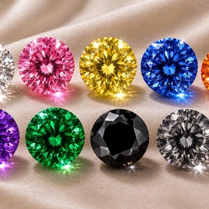 May include: A collection of nine round-cut gemstones arranged in two rows. The stones feature a faceted surface and appear in white, pink, yellow, blue, orange, purple, green, black, and grey colours, each reflecting light with a distinct sparkle.