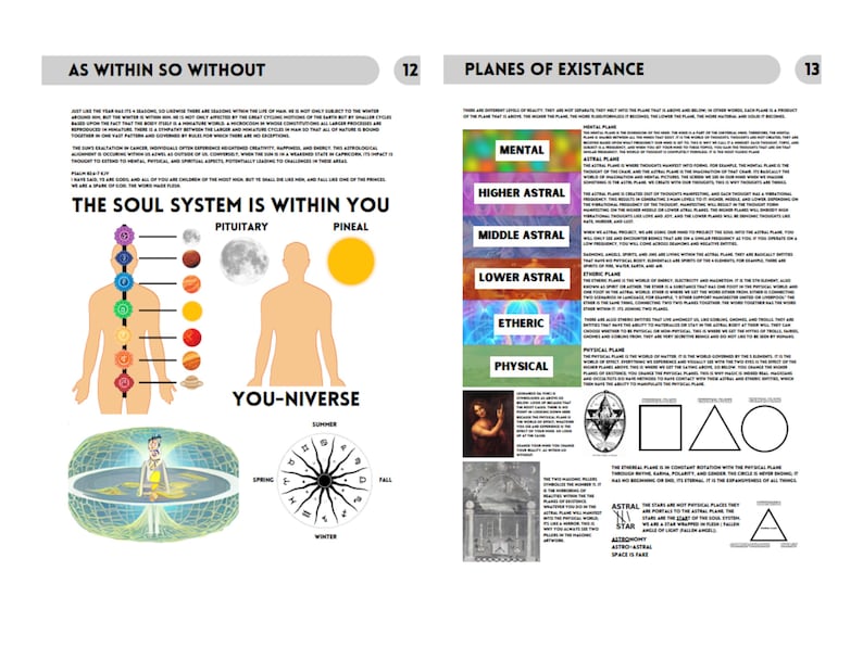 May include: Two pages of an educational book titled As Within So Without and Planes of Existance. The pages feature diagrams of the human chakra system, planetary symbols, a seasonal wheel, and a vertical color-coded chart of existence planes.