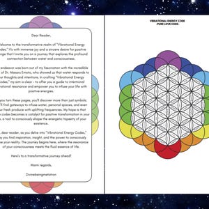 May include: A two-page document titled Vibrational Energy Code -Pure Love Code-. The left page contains a letter to the reader about water and consciousness. The right page features a geometric flower of life pattern with the word LOVE in circles.