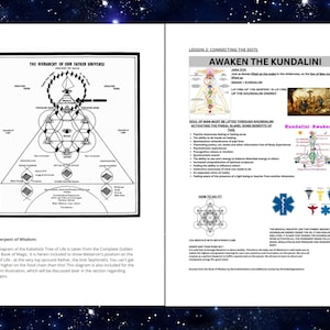 May include: A two-page document titled Lesson 2: Connecting the Dots, featuring a black and white diagram of the Hierarchy of Our Father Universe, text about Kundalini, a medical symbol, and various illustrations of energy centers and spiritual concepts.