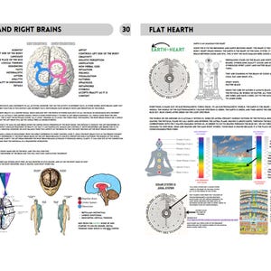 May include: Two pages of educational text and diagrams titled Left and Right Brains and Flat Hearth. The content includes anatomical illustrations of the human brain, chakra charts, circular geometric diagrams, and text explaining concepts.