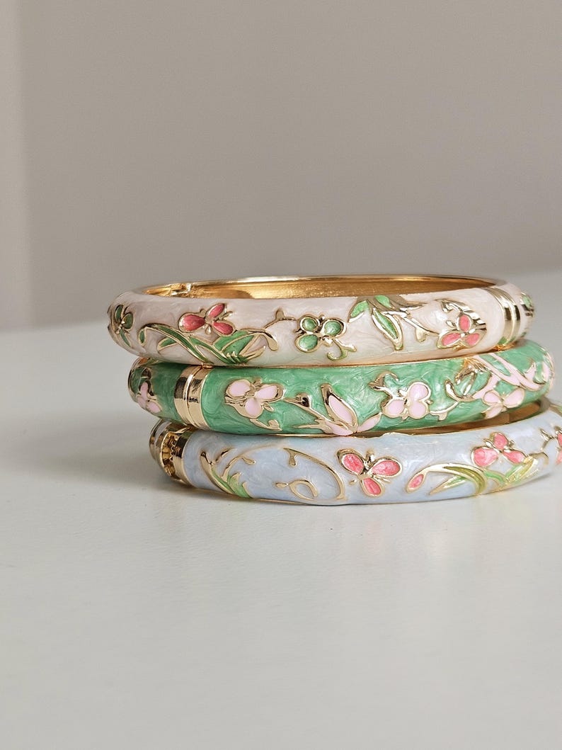 Floral Enamel Bangle Bracelet, Gold Plated, Pastel Colors - Etsy