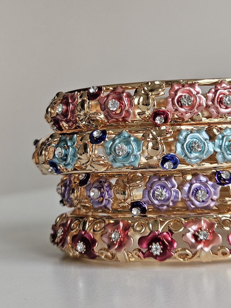 Enamel Flower Gold Bangle Bracelet With Openwork Floral Design ...