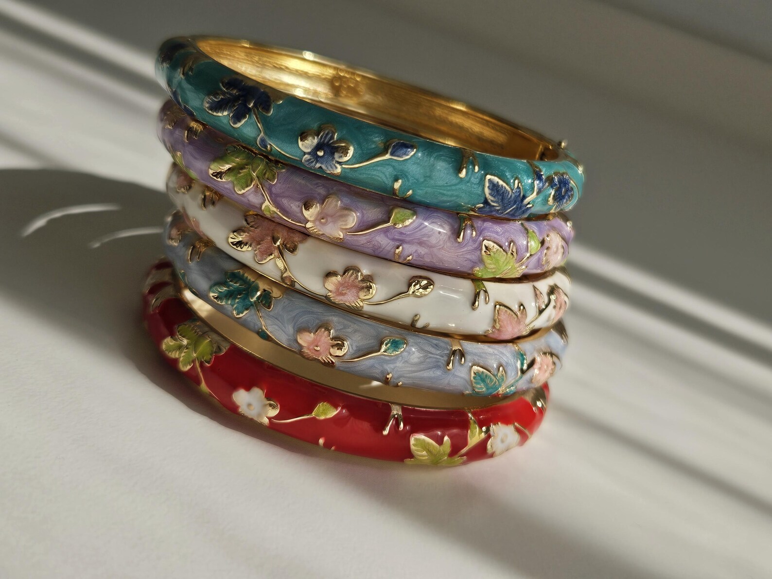 Floral Enamel Bangle Bracelet, Gold Tone Flower Stackable Accessory - Etsy