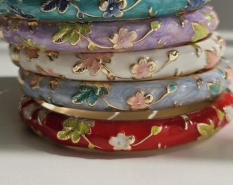 Floral Enamel Bangle Bracelet, Gold Tone Flower Stackable Accessory
