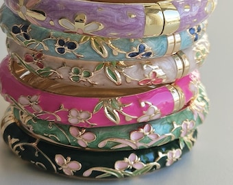 Floral Enamel Hinged Bangle Bracelet | Colorful Flower Bracelet | Vintage Style