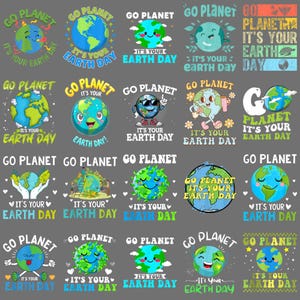 Op de afbeelding: Een verzameling afbeeldingen met het thema Earth Day, met illustraties van een lachende planeet Aarde. Elk ontwerp bevat de tekst "GO PLANET" en "IT'S YOUR EARTH DAY" in verschillende lettertypen en kleuren, ideaal voor kleding of stickers.