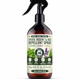 May include: A brown bottle of insect repellent spray with a black trigger. The label states "Humane, Natural, Non-Toxic" and lists peppermint, lavender, and citronella. The bottle contains 100ml of spray. The product is designed to repel spiders and rodents.