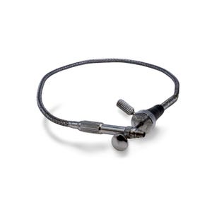 May include: A silver-coloured metal bracelet with a braided cable design. The bracelet features small, adjustable components, including a screw and a small knob. The bracelet is designed to be worn around the wrist.