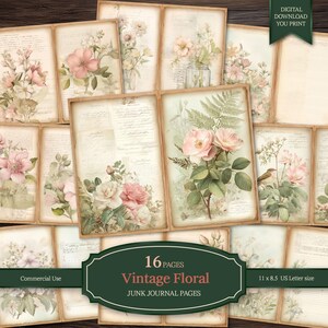 Kit de journal floral indésirable, pages imprimables coordonnées, papier botanique vintage Cottagecore, collage scrapbooking, téléchargement