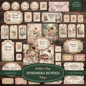 Moederdag Junk Journal Ephemera Bundel Vintage Bloemen Afdrukbare Tags Etiketten Kaarten Digitale Download