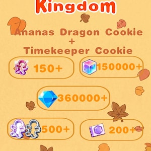 May include: A digital graphic for CookieRun Kingdom featuring Ananas Dragon Cookie and Timekeeper Cookie on the Dark Cacao Server. The image displays various game currency icons including gems, cubes, and cookie cutters with numerical values.