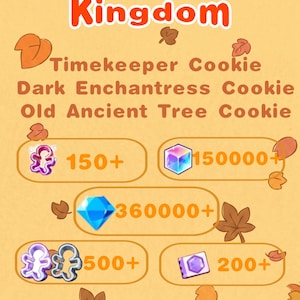 May include: A digital graphic for CookieRun Kingdom featuring the text Timekeeper Cookie, Dark Enchantress Cookie, and Old Ancient Tree Cookie. It displays various game icons including a cookie cutter, rainbow cube, diamond, and purple book with counts.