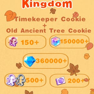 May include: A digital graphic for CookieRun Kingdom featuring Timekeeper Cookie and Old Ancient Tree Cookie on a light orange background with autumn leaves. It displays various game currency icons and quantities, including 150+, 150000+, 360000+, 500+, and 200+ for the Dark Cacao Server.