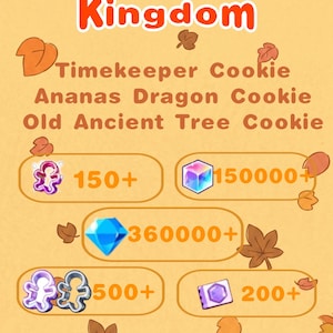 May include: A digital graphic for CookieRun Kingdom on the Dark Cacao Server featuring text for Timekeeper Cookie, Ananas Dragon Cookie, and Old Ancient Tree Cookie. The image displays icons for various game currencies with quantities over 150+, 150000+, 360000+, 500+, and 200+ against a light orange background with scattered brown autumn leaves.