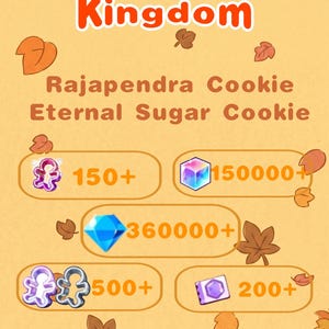 Pode incluir: Um gráfico digital para CookieRun Kingdom com o texto Rajapendra Cookie Eternal Sugar Cookie e Dark Cacao Server. A imagem exibe vários ícones de moeda do jogo, incluindo um cortador de biscoitos, um cubo arco-íris, um diamante e um bilhete roxo.