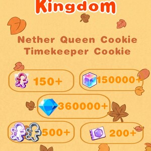 May include: A digital graphic for CookieRun Kingdom featuring Nether Queen Cookie and Timekeeper Cookie. The image displays various game currency icons with quantities including 150+, 150000+, 360000+, 500+, and 200+ on a light orange background with autumn leaves.