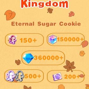 Op de afbeelding: Een digitale afbeelding voor CookieRun Kingdom Eternal Sugar Cookie op de Dark Cacao Server. De achtergrond is lichtoranje met verspreide bruine bladeren. Het toont verschillende spelvaluta-iconen met de hoeveelheden 150+, 150000+, 360000+, 500+ en 200+.