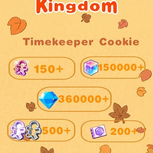 May include: A digital graphic for CookieRun Kingdom featuring Timekeeper Cookie on the Dark Cacao Server. The image displays icons for 150+ cookie cutters, 150000+ rainbow cubes, 360000+ crystals, 500+ additional cutters, and 200+ purple items on a tan background.