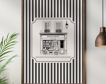 Vintage French Bookshop Poster Sage Green Beige Tan Black Parisian Bookstore Line Art Print Striped Background Wall Decor Physical Print