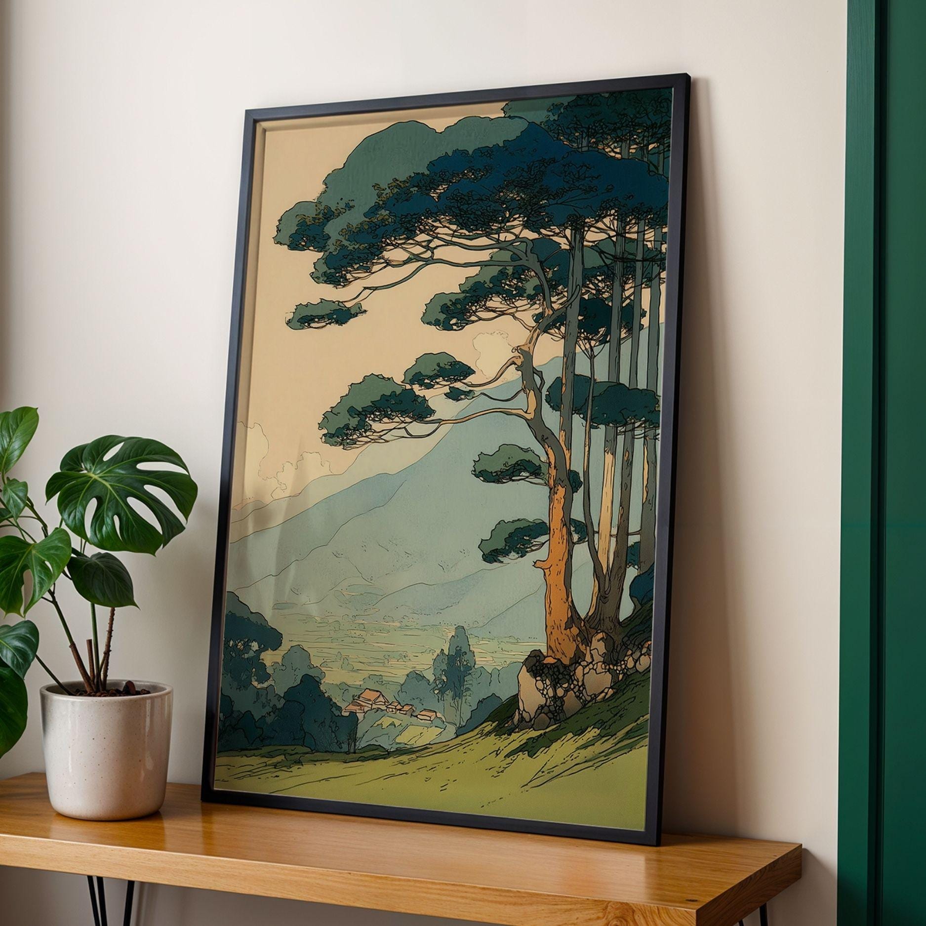 Vintage Japanese Landscape Wall Art Poster Pine Tree Forest Print ...