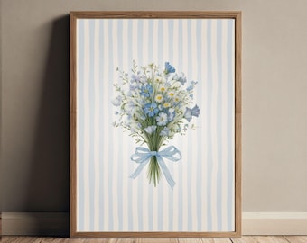 Blauer Wildblumen Blumenstrauß Aquarell Wand Kunst Druck Cottagecore Botanisches Blumen Poster mit Blau Gestreiftem Hintergrund Poster Druck