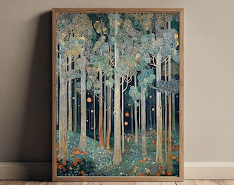 May include: A framed art print depicting a stylized forest scene. Tall, slender trees with light-colored trunks and detailed, patterned foliage in shades of green and gold fill the composition. The forest floor is dotted with orange and blue details.