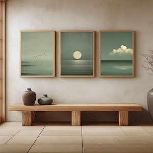 Japandi Wall Art 3er Set Minimalistische salbeigrüne Poster Skandinavische Zen-Dekore Wabi Sabi ruhige Meerlandschaft Kunstdrucke
