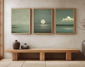 Japandi Wall Art Set of 3 Minimalist Sage Green Posters Scandinavian Zen Decor Wabi Sabi Calm Seascape Art Prints
