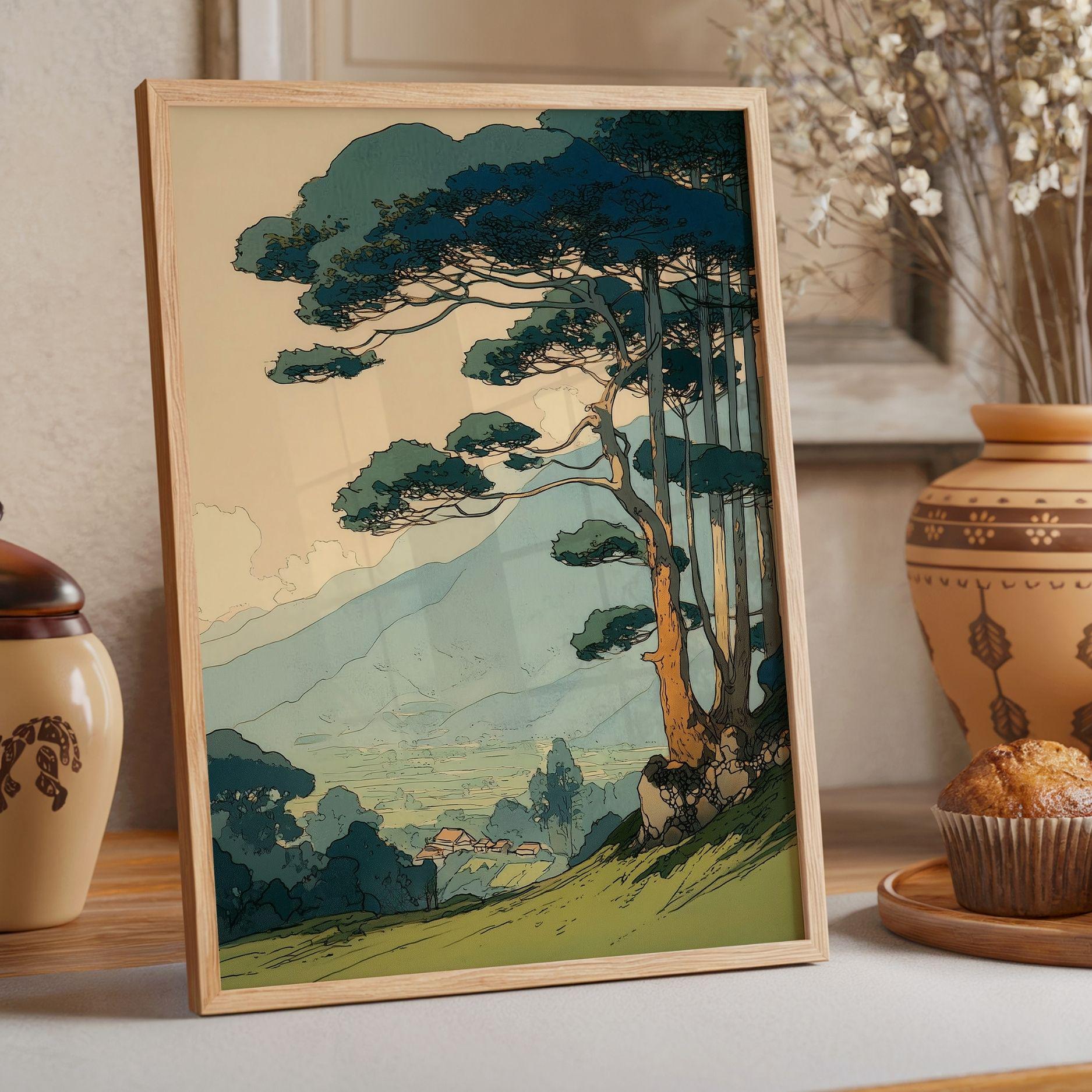Vintage Japanese Landscape Wall Art Poster Pine Tree Forest Print ...