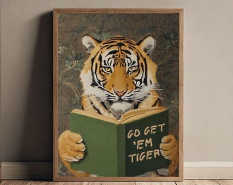 Tiger Reading Wall Art Poster Motivational Animal Print Library Office Decor Book Lover Gift Funny Inspirational Poster Print