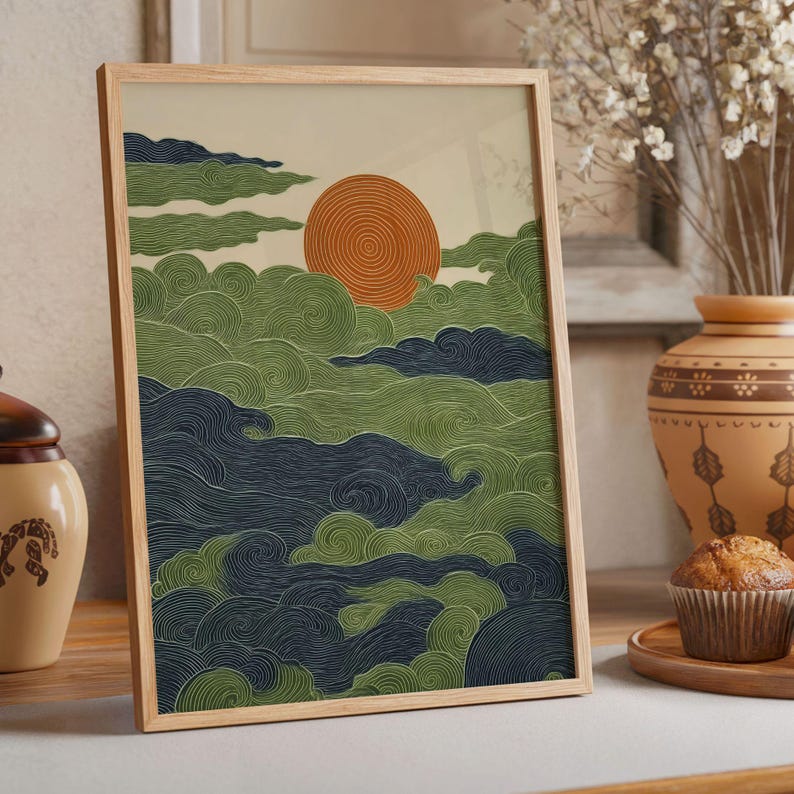 Japanese Wabi Sabi Wall Art Green Sun Print Japandi Style Poster Modern ...