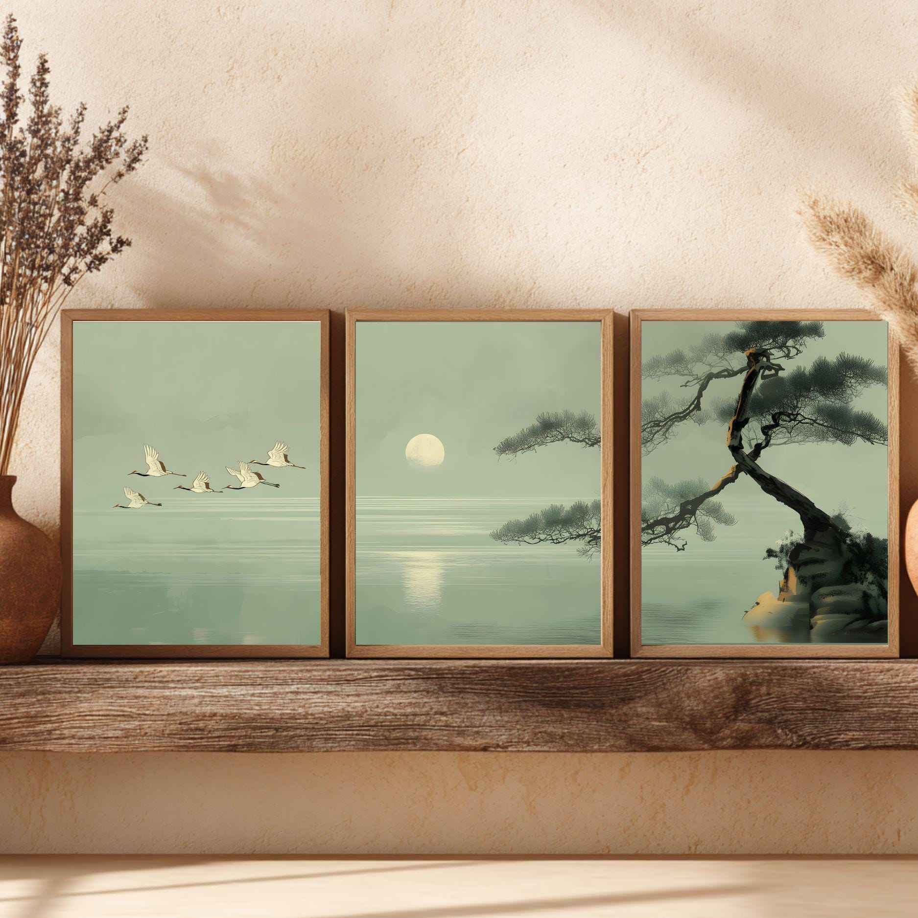 Japandi Wall Art Set of 3 Minimalist Sage Green Posters Scandinavian ...