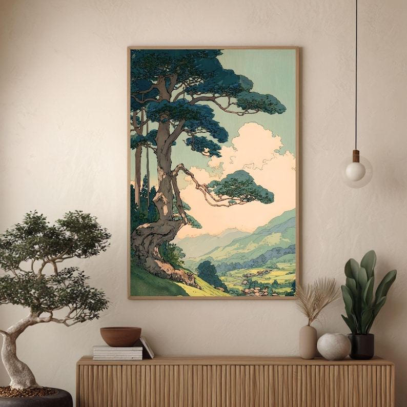 Vintage Japanese Landscape Wall Art Poster Pine Tree Forest Print ...