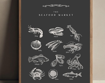 Seafood Market Vintage Kitchen Wall Art Nautical Food Illustration Poster Coastal Decor Fish Shellfish French Market Print Poster Gift