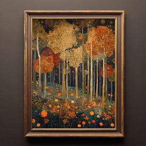 William Morris-inspirerad skogsväggkonst Konst- och hantverksaffisch Gyllene höstskog naturdekor Vintage bondgårdsväggkonst gåva