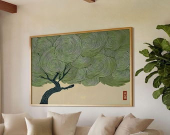 Wabi Sabi Tree Horizontal Wall Art Japanese Green Print Japandi Poster Landscape Woodblock Decor Zen Minimalist Artwork Wall Art Print Gift