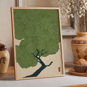 Wabi Sabi Tree Wall Art Japanese Green Print Japandi Poster Woodblock ...