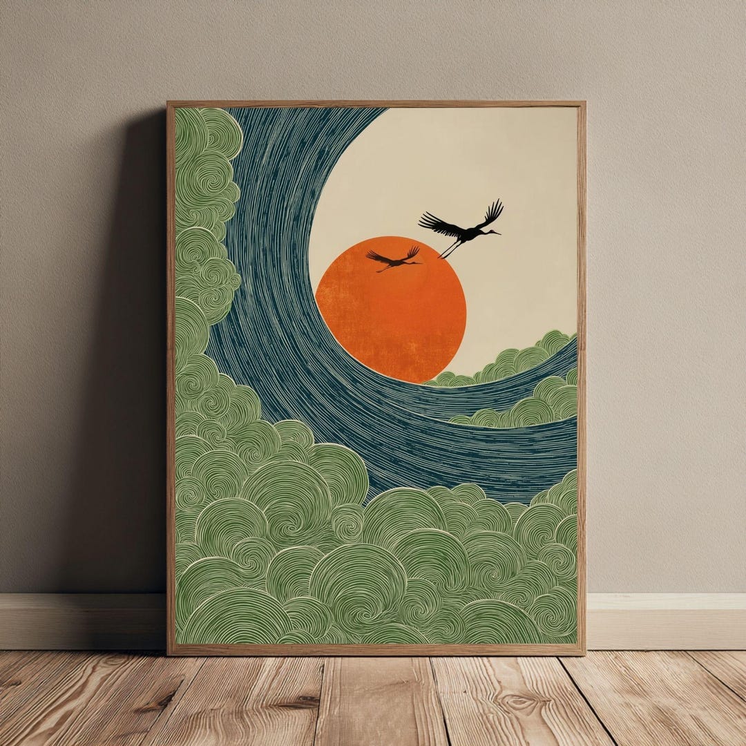 Japanese Ocean Wave Wall Art Wabi Sabi Print Green Japandi Poster ...