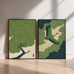 Wabi Sabi Tree Wall Art Japanese Green Print Japandi Poster Woodblock ...