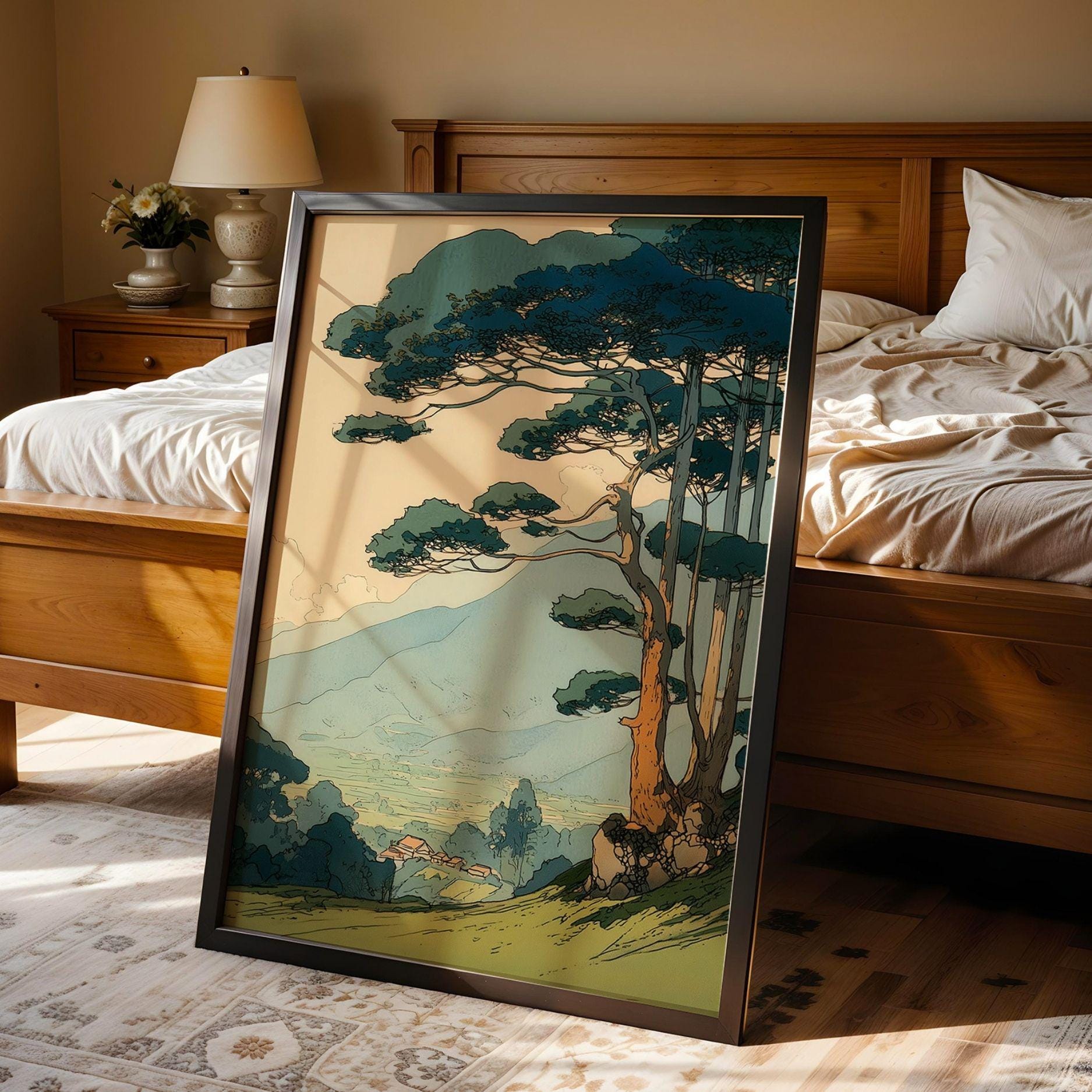 Vintage Japanese Landscape Wall Art Poster Pine Tree Forest Print ...