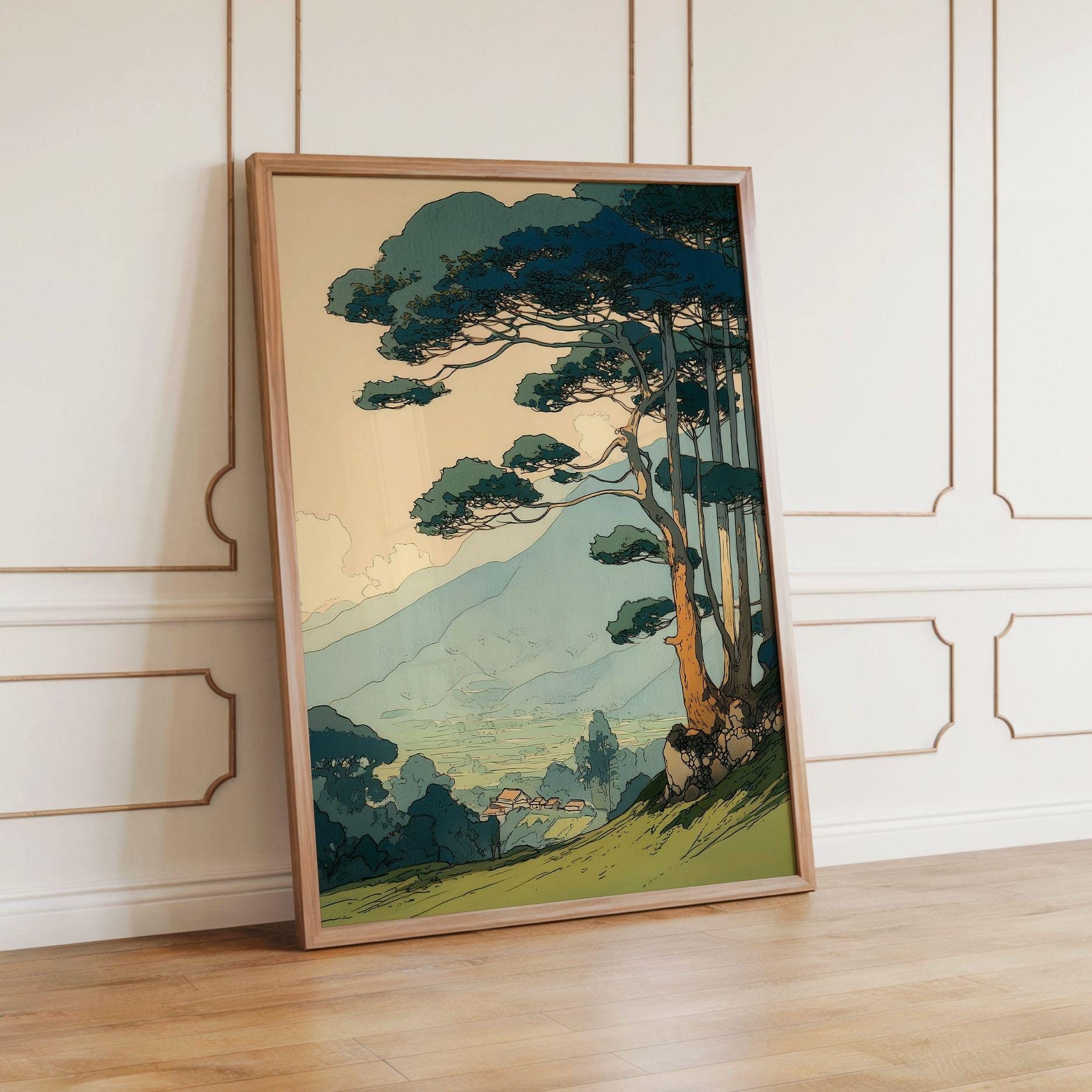 Vintage Japanese Landscape Wall Art Poster Pine Tree Forest Print ...