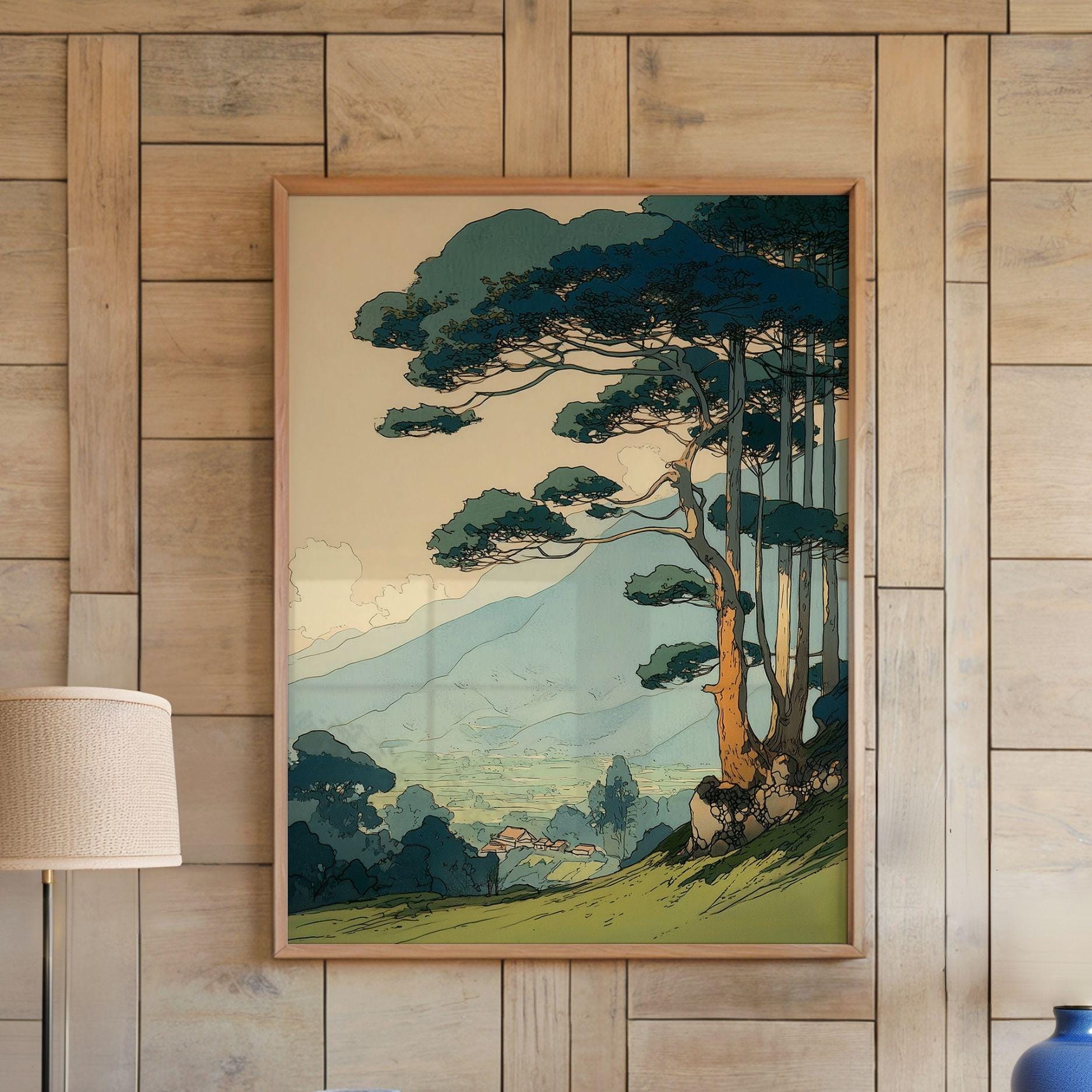Vintage Japanese Landscape Wall Art Poster Pine Tree Forest Print ...