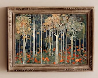 May include: A framed art print depicting a stylized forest scene. The artwork features tall, slender trees with white trunks and rounded, textured canopies in shades of green, orange, and yellow. The forest floor is dotted with orange flowers.