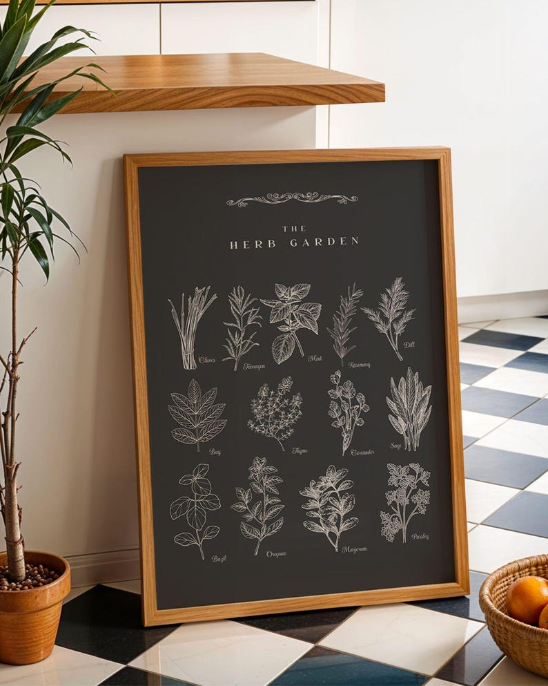 Kitchen Wall Art Botanical Print Herb Garden Poster Dark Charcoal Ivory ...