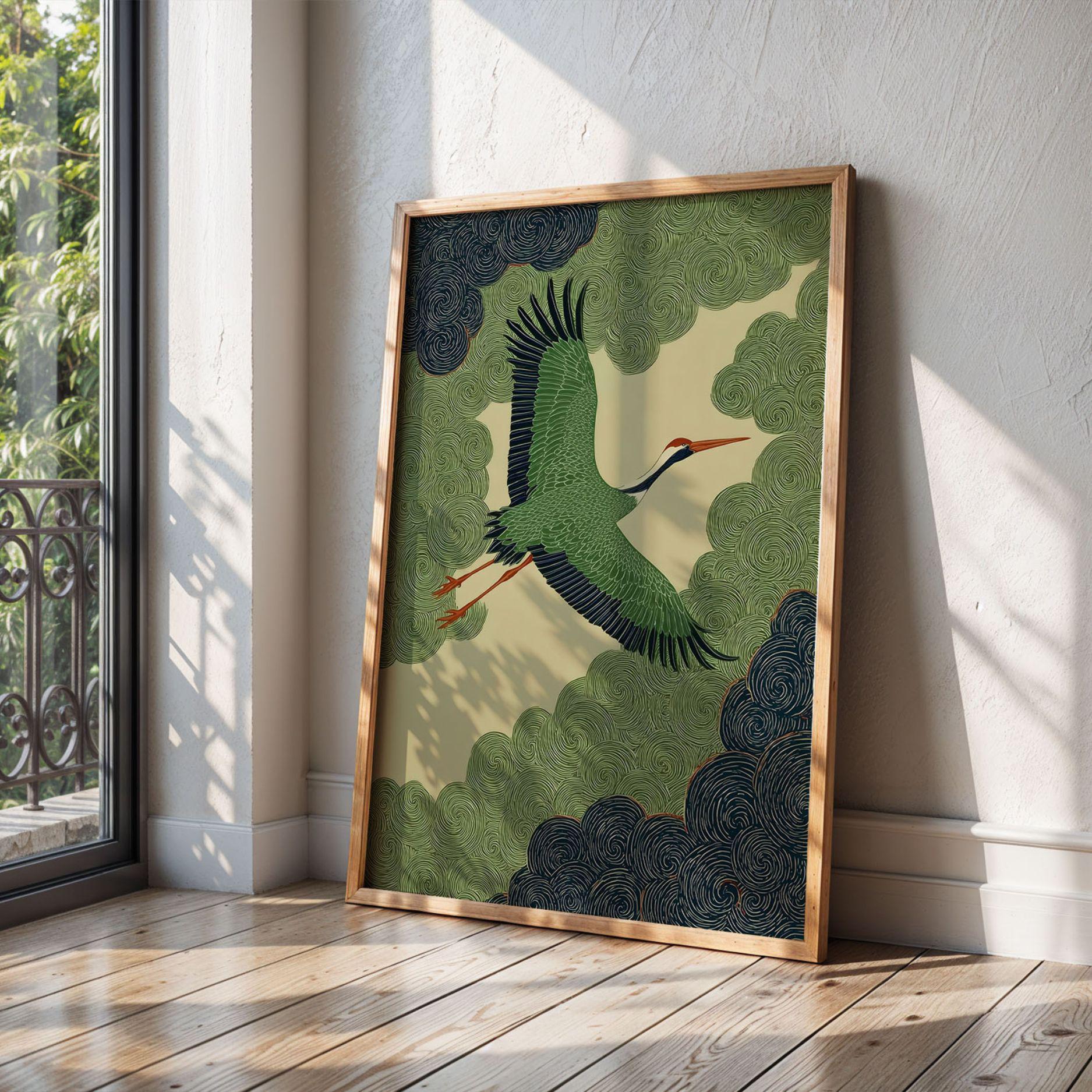 Japanese Crane Wall Art Wabi Sabi Print Green Japandi Bird Poster ...