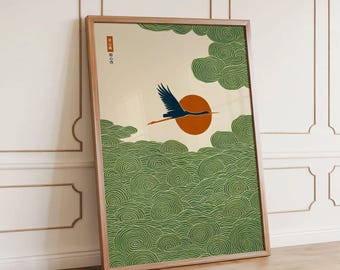 Japansk trana väggkonst Wabi Sabi tryck Grön Japandi poster Träblockskonsttryck Zen dekor Salviagrön väggkonsttryck Gåva