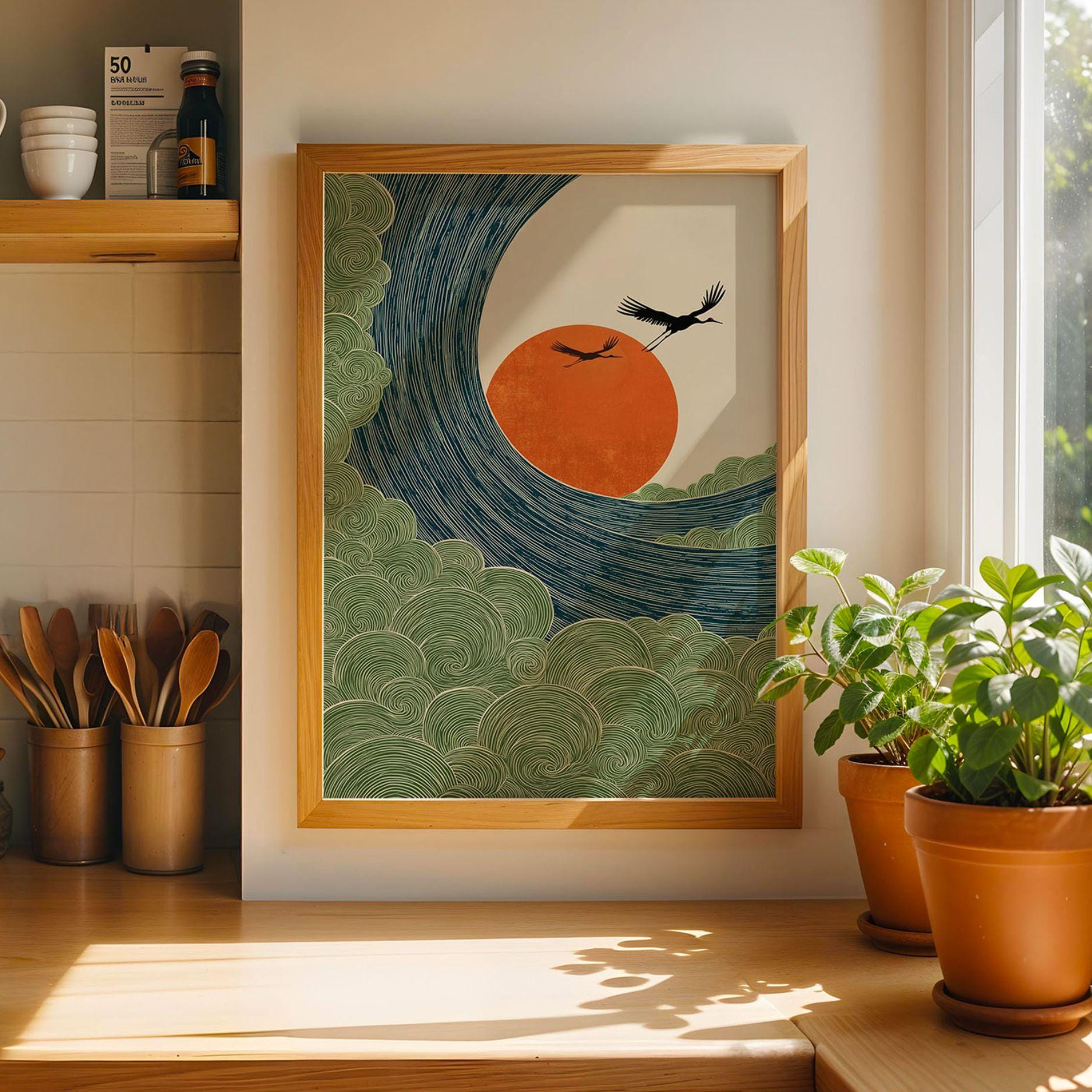 Japanese Ocean Wave Wall Art Wabi Sabi Print Green Japandi Poster ...