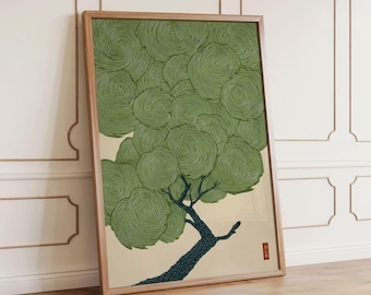 Wabi Sabi Tree Wall Art Japanese Green Print Japandi Poster Woodblock Nature Decor Zen Minimalist Artwork for Calm Home Wall Art Print Gift